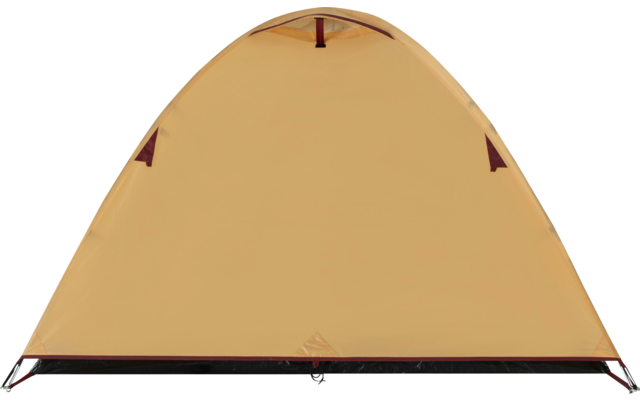 Vorderansicht eines beige-gelben Zelts mit halbkreisförmiger Silhouette und schwarzem Rand an der Unterkante