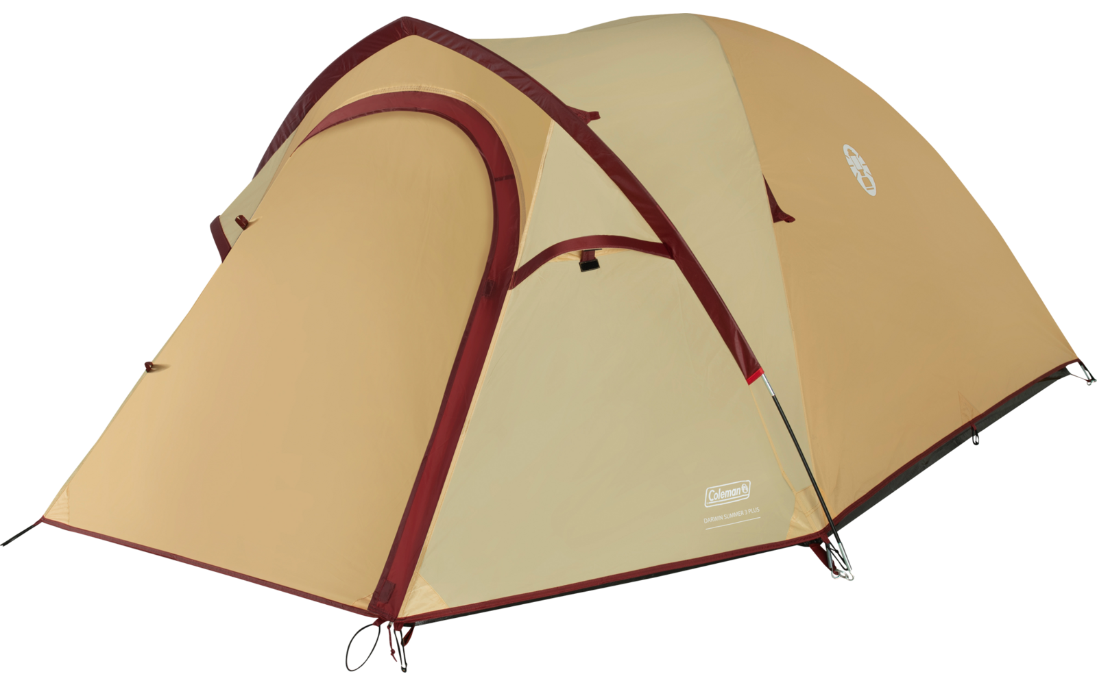 Beiges Zelt mit bordeauxroten Gestänge-Akzenten, schwarzen Abspannleinen und sichtbaren Reißverschlüssen auf weißem Hintergrund