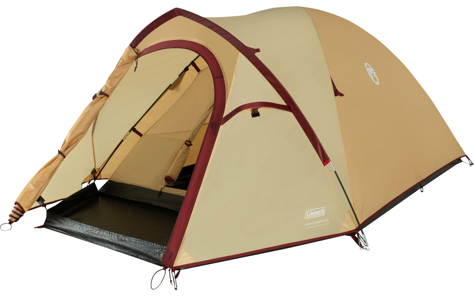 Beige Kuppelzelt mit bordeauxrotem Rahmen, offener Fronttür und schwarzer Bodenmatte