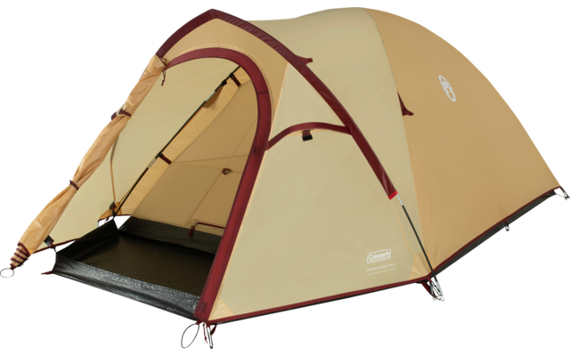 Beiges Zelt mit offenem Eingang, roten Ziernähten, sichtbaren Zeltstangen und schwarzem Innenboden