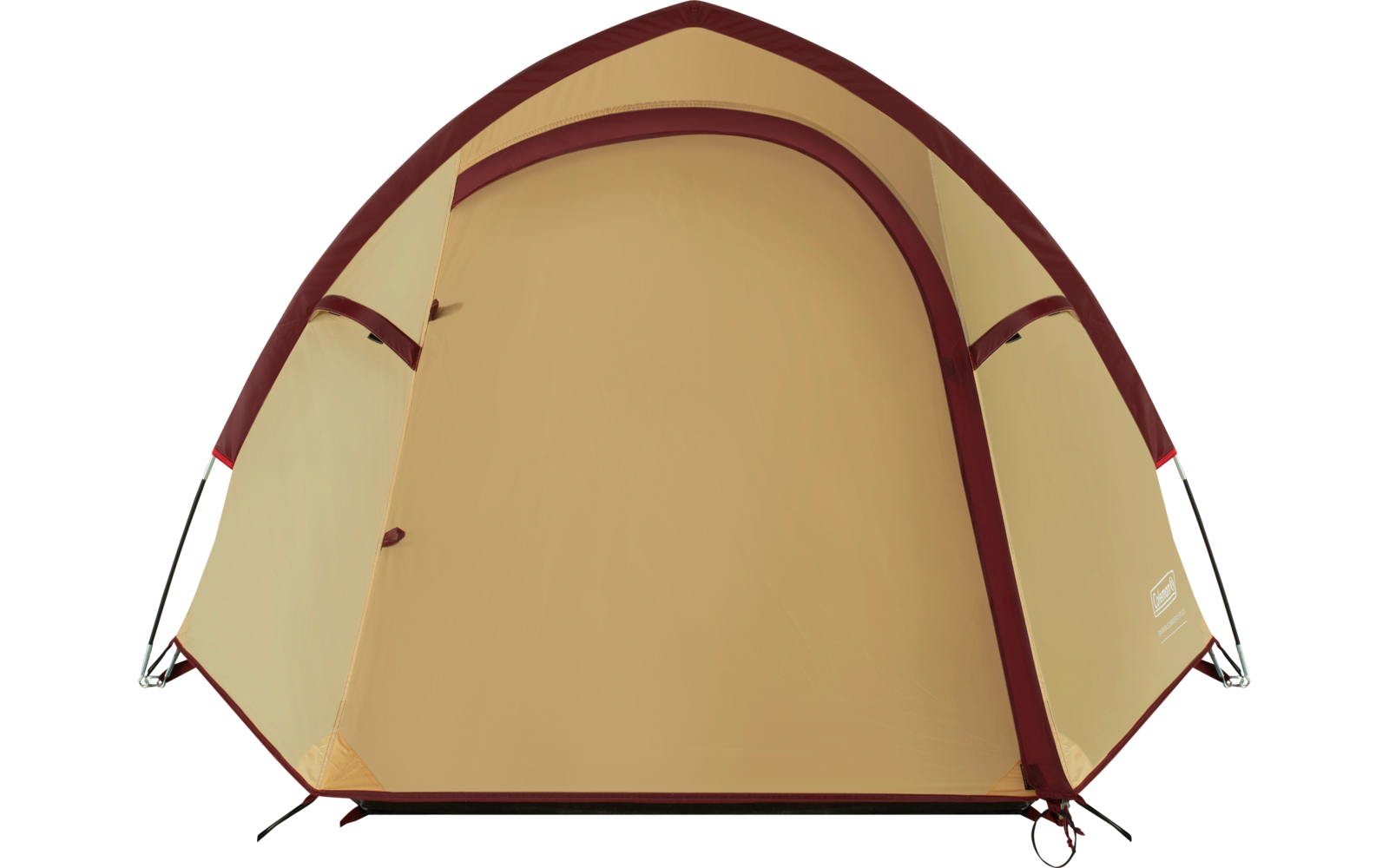 Beiges Kuppelzelt mit bordeauxrotem Rand, geschlossenem bogenförmigen Eingang, schwarzer Bodenkante und Abspannleinen an den Ecken
