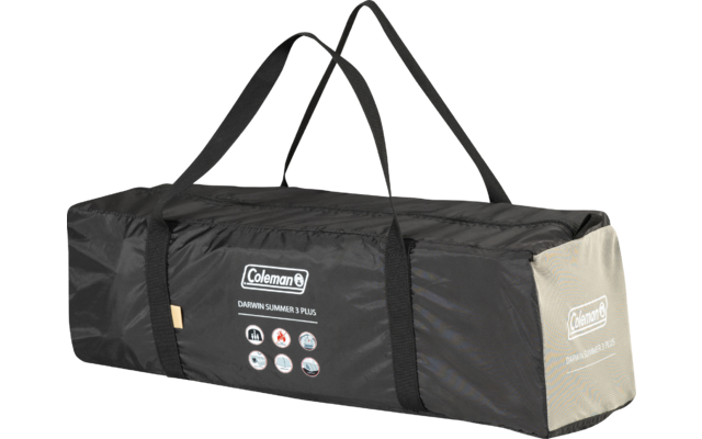 Schwarze rechteckige Tragetasche mit zwei Griffen, weißem 'Coleman'-Logo, hellbeiger Stirnseite und vier kleinen runden Symbolen auf der Seite