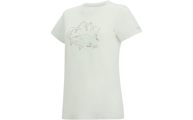 T-shirt blanc à encolure ronde, manches courtes et illustration en lignes fines de montagnes et de fleurs sur la poitrine