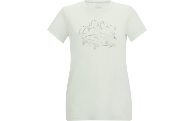 T-shirt blanc à manches courtes avec un dessin au trait de montagnes et de petits motifs floraux sur le devant