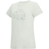 T-shirt blanc à encolure ronde, manches courtes et illustration en lignes fines de montagnes et de fleurs sur la poitrine