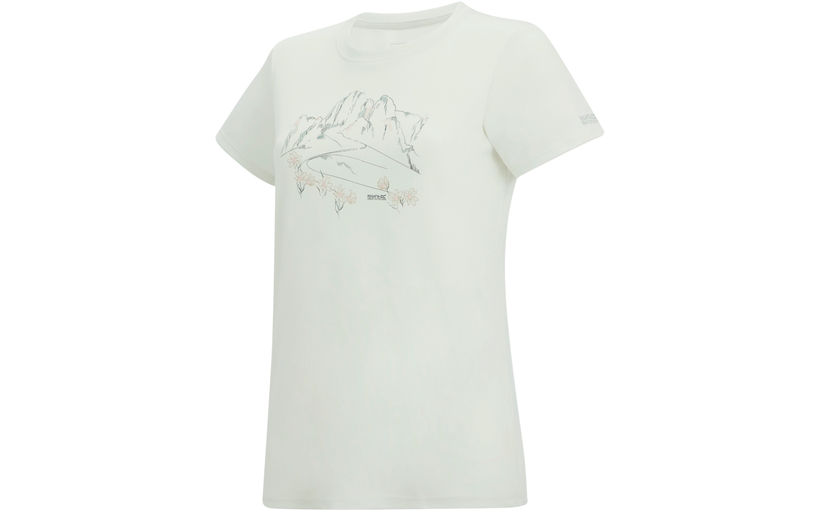 T-shirt blanc à encolure ronde, manches courtes et illustration en lignes fines de montagnes et de fleurs sur la poitrine