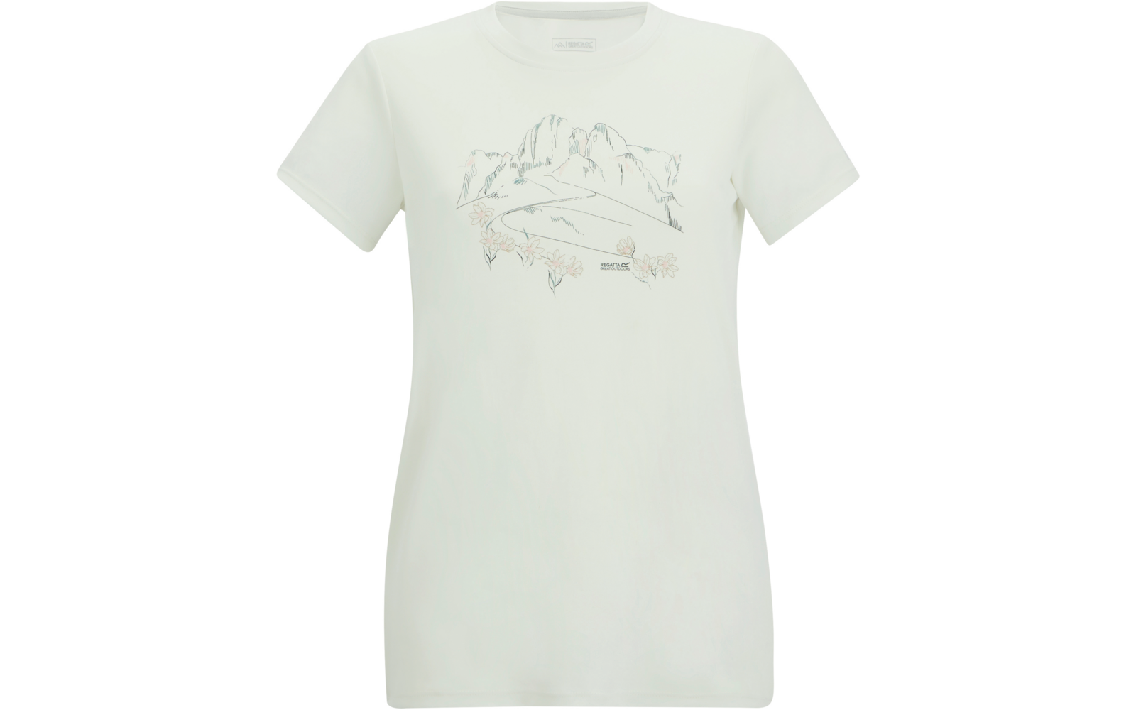 T-shirt blanc à manches courtes avec un dessin au trait de montagnes et de petits motifs floraux sur le devant
