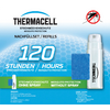 Verpackung eines Thermacell Nachfüllsets mit weißer Kartusche und blauem Schaumstoffpad, Aufdrucke THERMACELL, STECHMÜCKENSCHUTZ / MOSQUITO PROTECTION, NACHFÜLLSET / REFILLS, große Zahl 120 STUNDEN / HOURS und rotes Verbotssymbol mit Mücke