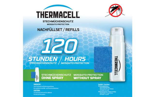 Verpackung eines Thermacell Nachfüllsets mit weißer Kartusche und blauem Schaumstoffpad, Aufdrucke THERMACELL, STECHMÜCKENSCHUTZ / MOSQUITO PROTECTION, NACHFÜLLSET / REFILLS, große Zahl 120 STUNDEN / HOURS und rotes Verbotssymbol mit Mücke