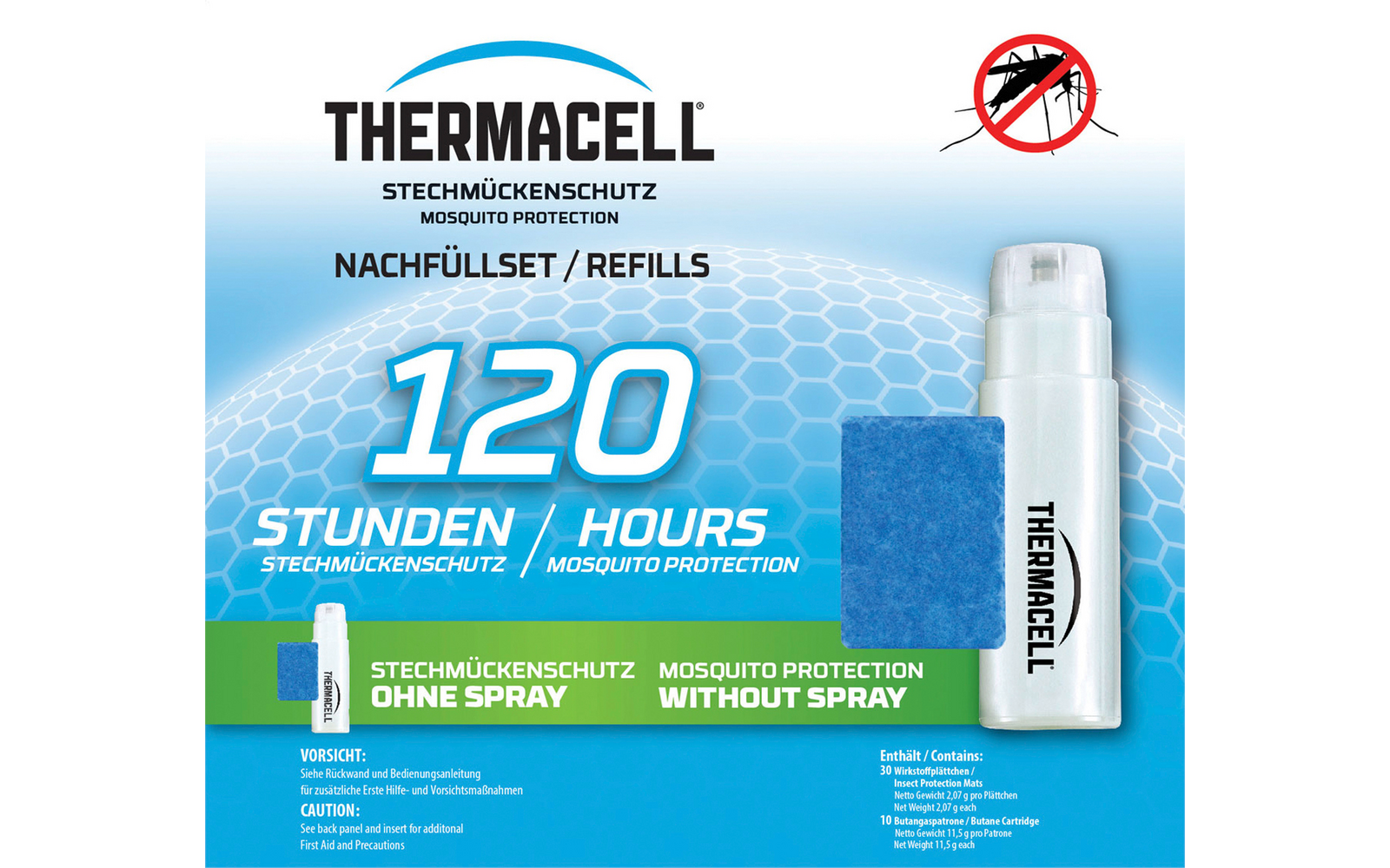 Verpackung eines Thermacell Nachfüllsets mit weißer Kartusche und blauem Schaumstoffpad, Aufdrucke THERMACELL, STECHMÜCKENSCHUTZ / MOSQUITO PROTECTION, NACHFÜLLSET / REFILLS, große Zahl 120 STUNDEN / HOURS und rotes Verbotssymbol mit Mücke