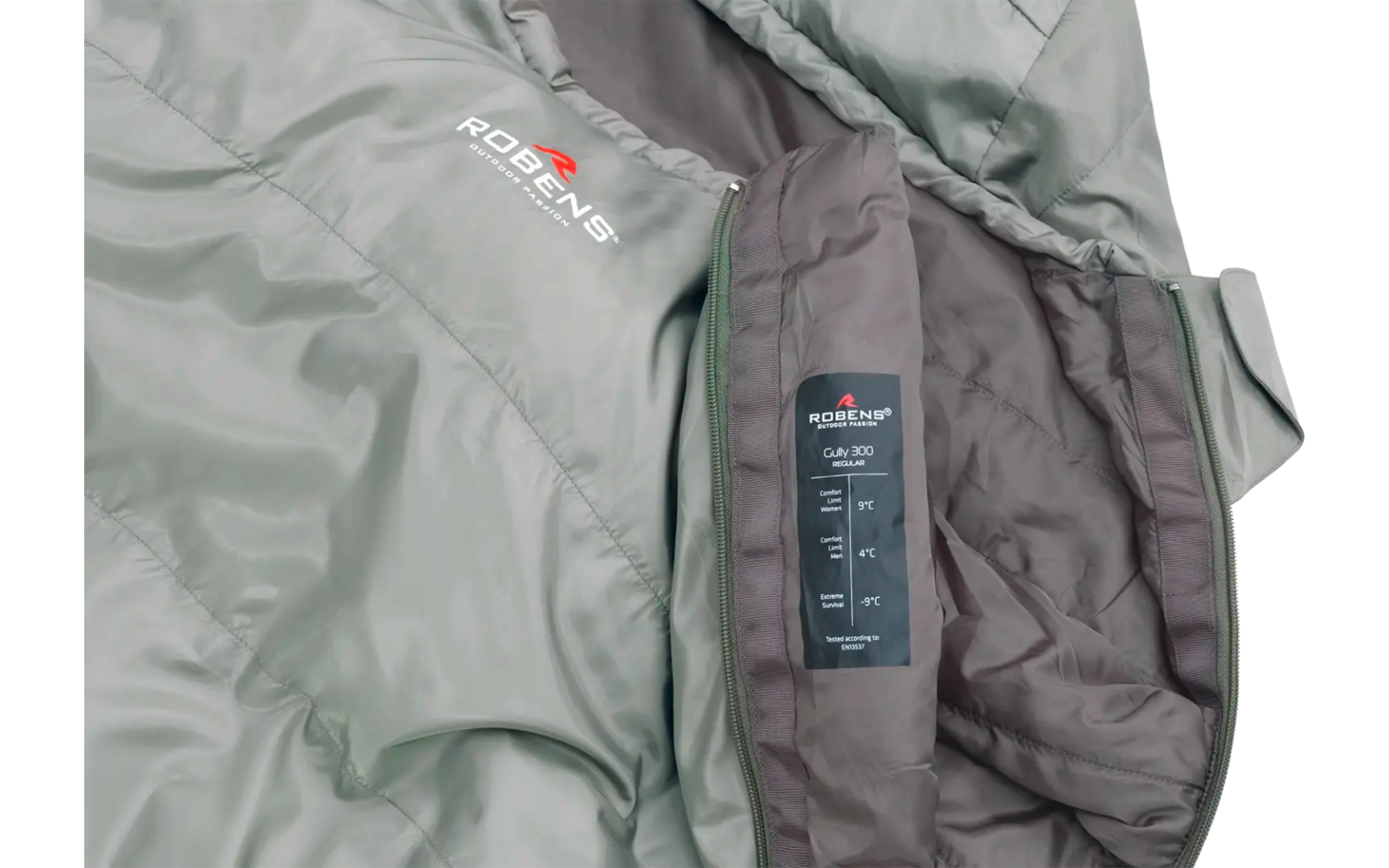 Geöffnete Jacke mit sichtbarem Innenfutter und zwei aufgenähten Etiketten