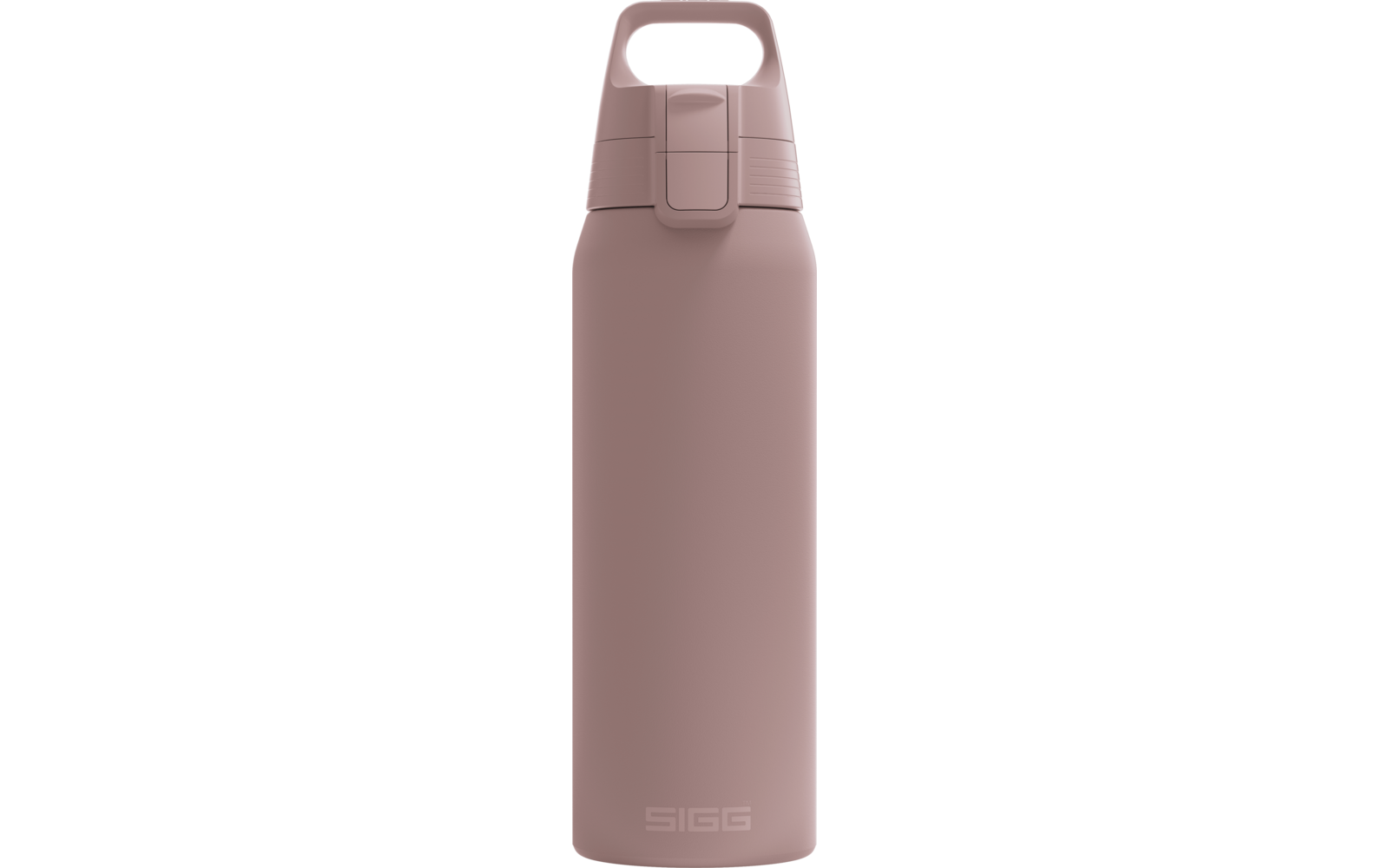 Matte rosa Trinkflasche mit rundem Körper, Deckel mit integriertem Tragegriff und Schnappverschluss, kleines Logo am unteren Rand