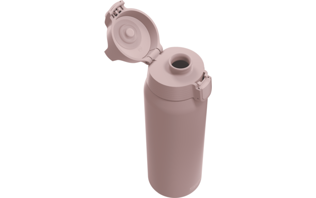 Rosa Isolierflasche mit geöffnetem Klappdeckel und sichtbarer Trinköffnung