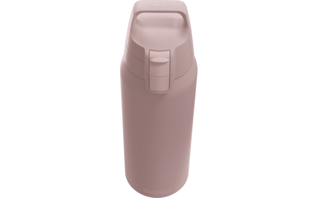 Rosa Trinkflasche mit Klappdeckel und Druckknopf, SIGG-Prägung oben und unten