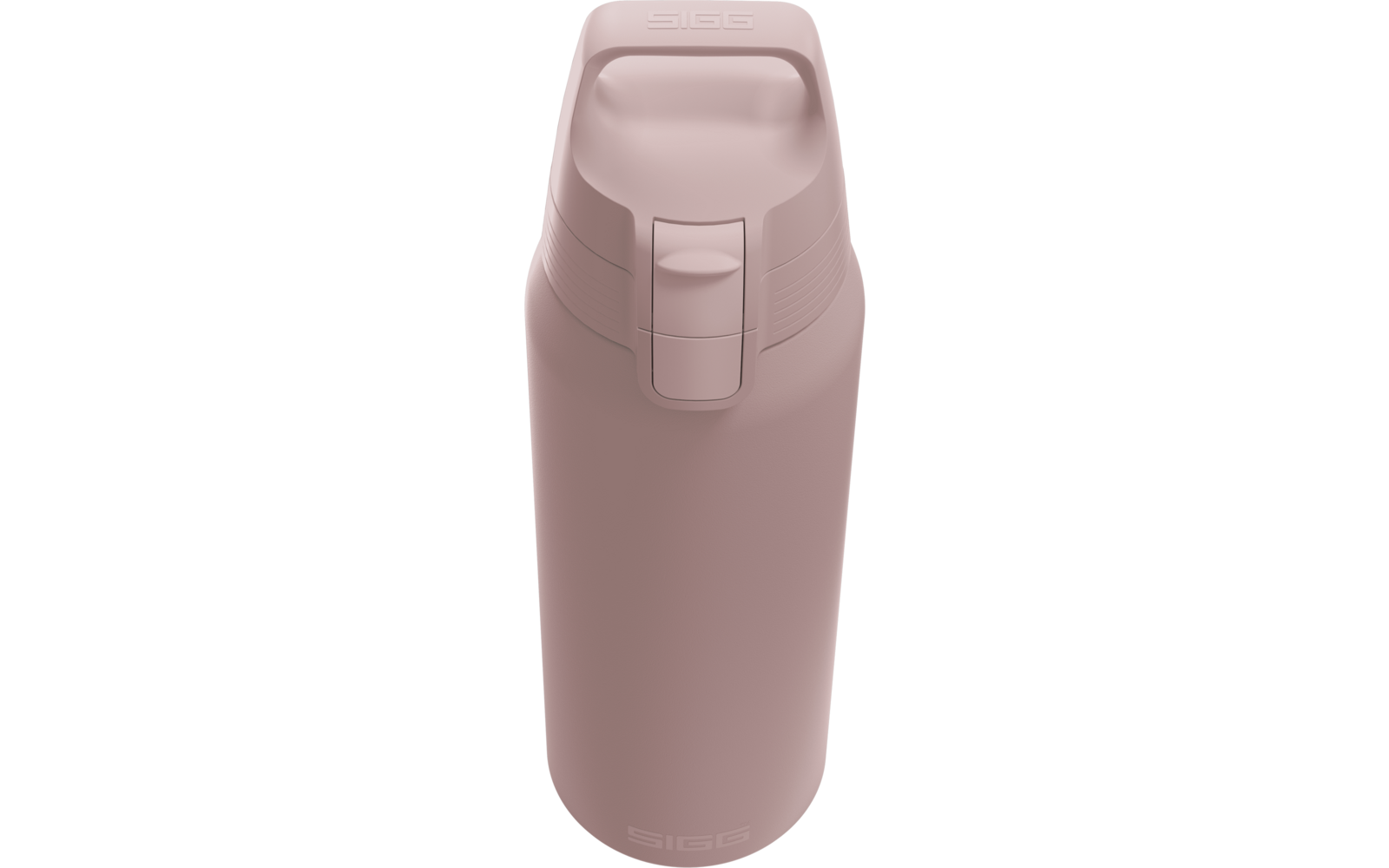 Rosa Trinkflasche mit Klappdeckel und Druckknopf, SIGG-Prägung oben und unten