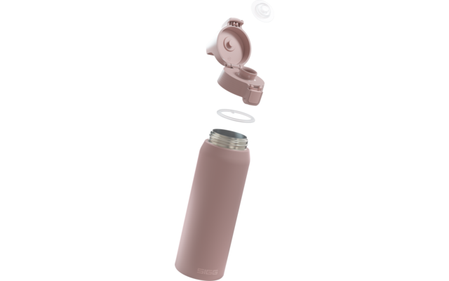Rosa isolierte Trinkflasche mit geöffnetem Klappdeckel, Dichtungsring und Edelstahl-Innenraum sichtbar