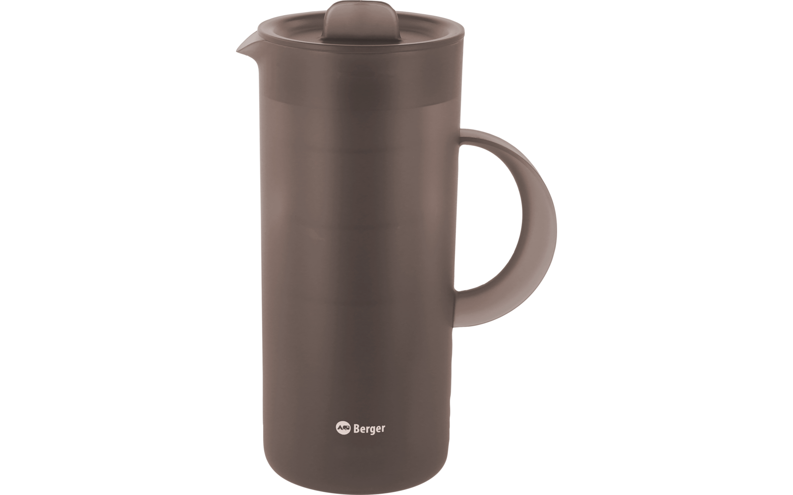 Haute carafe brune avec couvercle, bec verseur à l'avant, anse à droite et logo "Berger" imprimé près de la base