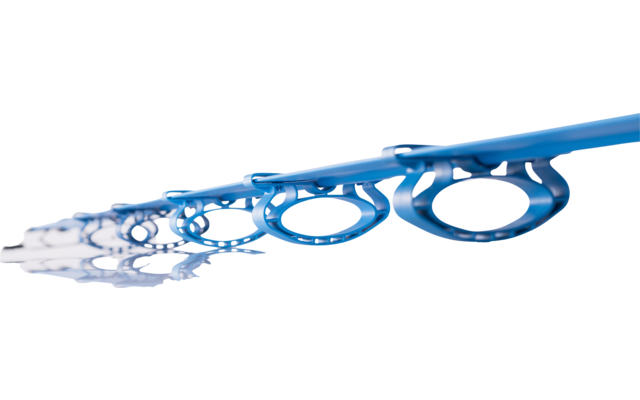 Close-up of a blue rod with aligned oval rings and a reflection on a white surface