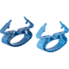 Two blue plastic rings with hinged, clamp-like arms on a white surface