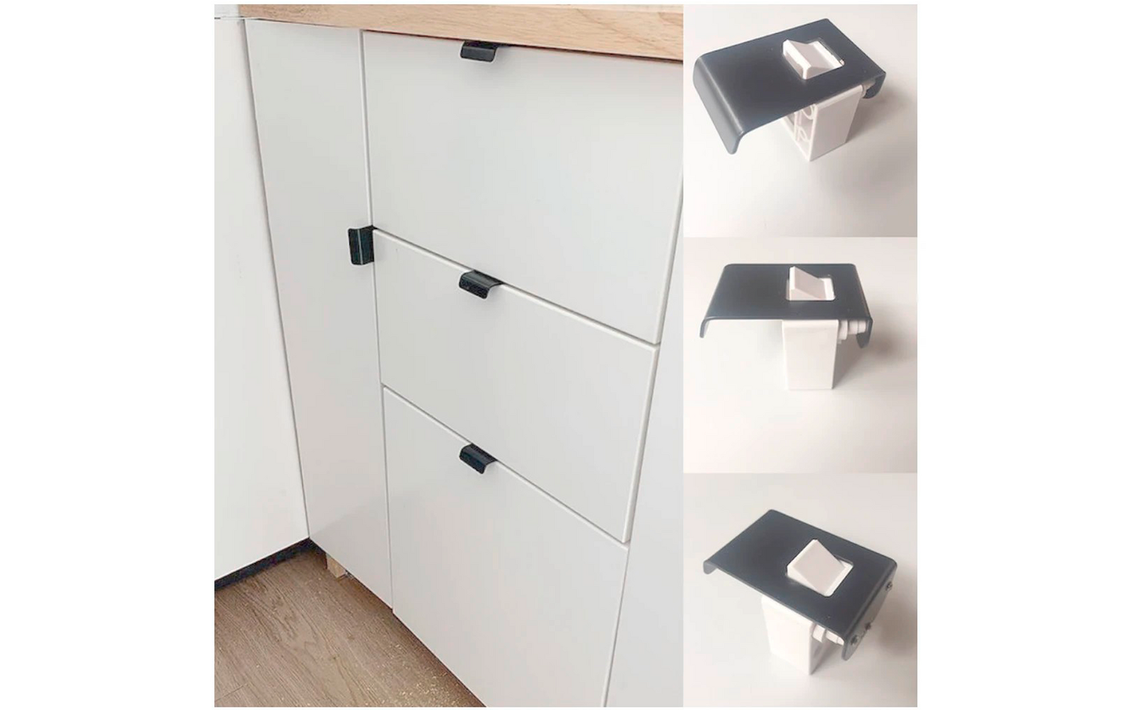 Witte kast met drie laden; kleine zwarte kunststofclips bevestigd aan elke lade en deur. Rechts drie detailfoto's van de zwarte clip op witte achtergrond