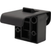 Zwart kunststofobject met gebogen bovenklep, rechthoekige basis met drie ronde openingen en een zichtbare metalen veer binnenin