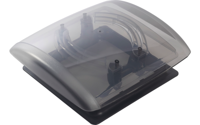 Kleines rechteckiges Gerät mit abgerundeten Ecken, dunkler Basis, transparentem gewölbtem Deckel, zwei aufrechten zylindrischen Stützen und sichtbaren Kabeln