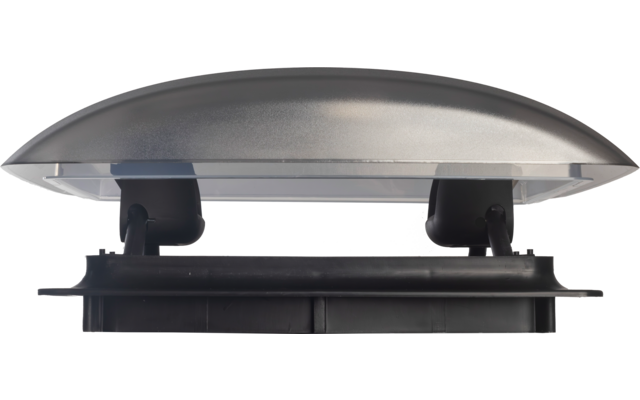 Flaches ovales silbergraues Gehäuse auf zwei schwarzen Halterungen über einer breiten schwarzen rechteckigen Basis