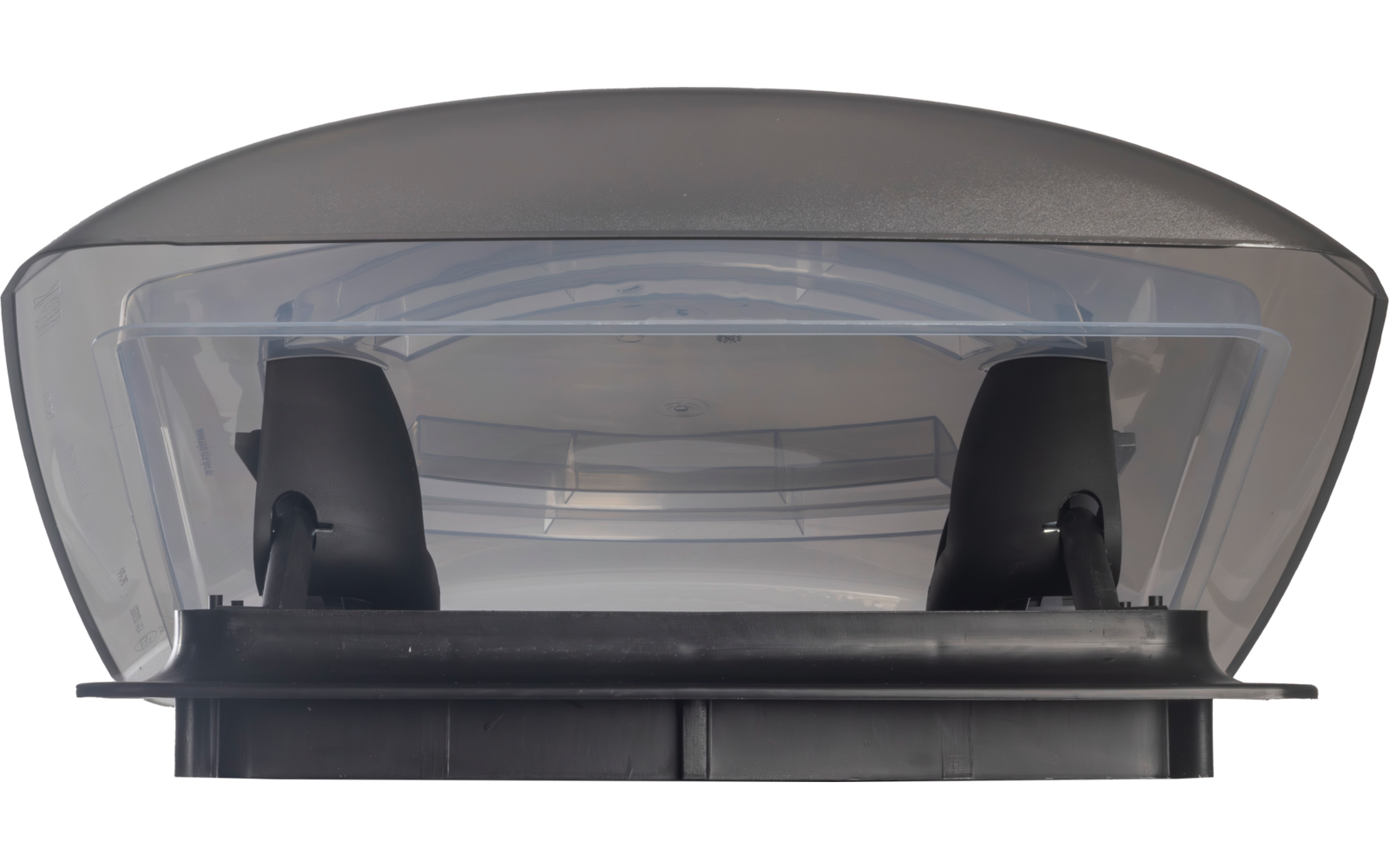 Transparenter, leicht gewölbter Kunststoffdeckel mit zwei schwarzen Halterungen und dunklem rechteckigem Sockel