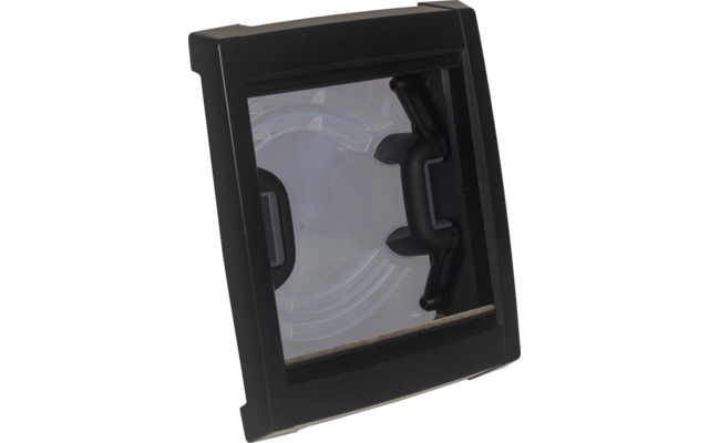 Schwarzer rechteckiger Rahmen mit transparenter Kunststoffklappe, rechter schwarzer Griff, sichtbare konzentrische Rillen, beige Dichtung unten