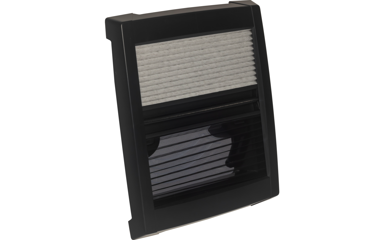 Schwarzes rechteckiges Kunststoffgehäuse mit oben hellgrauer, geriffelter Fläche und unten dunklem, glänzendem Lamellenfeld mit horizontalen Linien