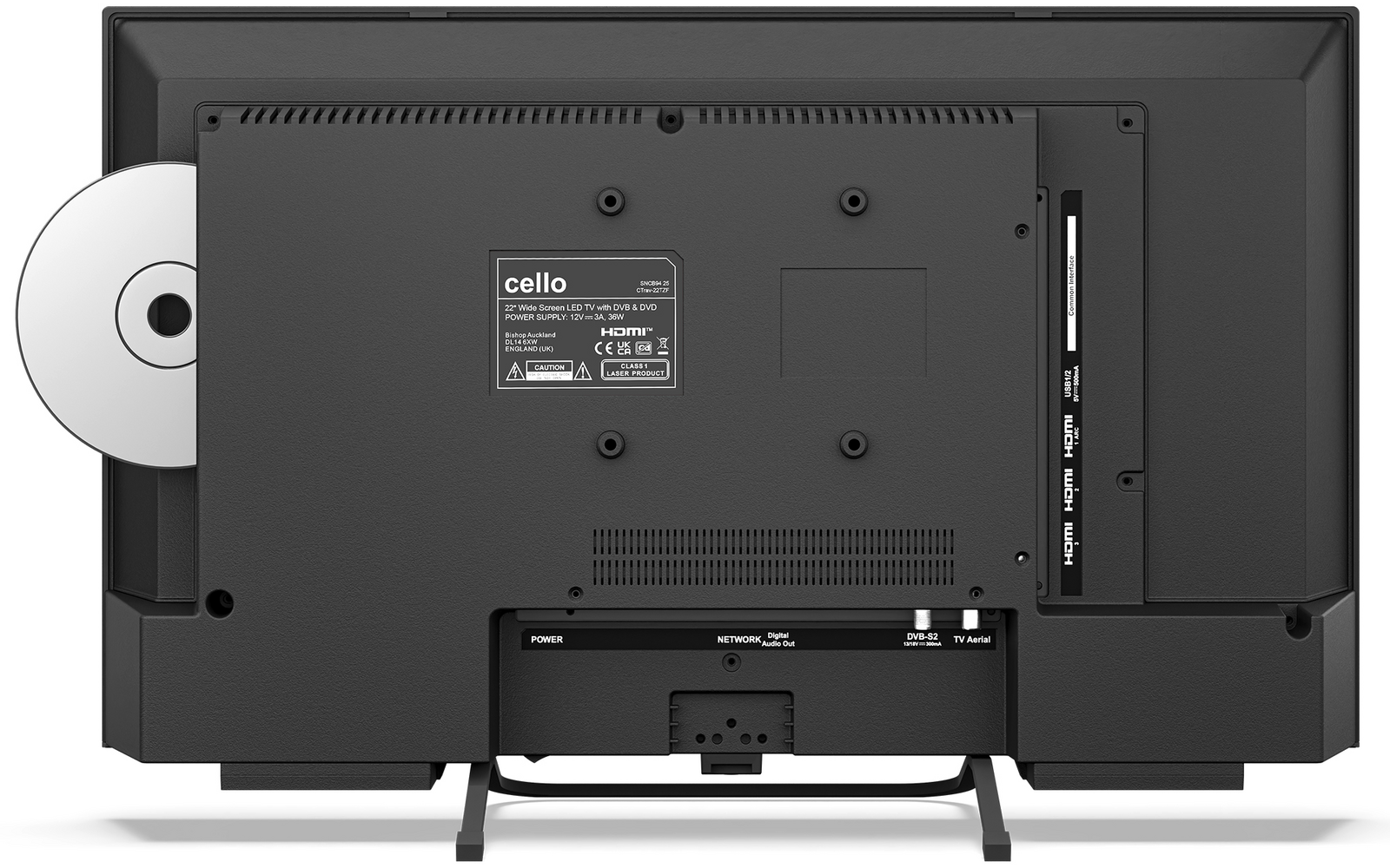 Achterzijde van een zwarte flatscreen met standaard, centrale sticker, links een half ingestoken zilveren schijf, rechts aansluitingen en een zwarte aansluitbox onderaan in het midden