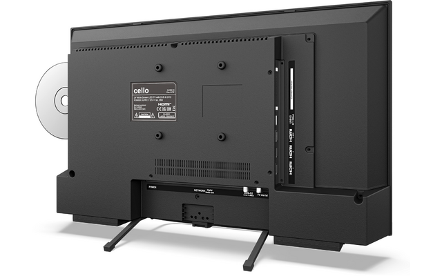 Achterzijde van een zwarte flatscreen op twee standaards, zichtbare aansluitingen, label "cello" en links deels zichtbare zilveren schijf