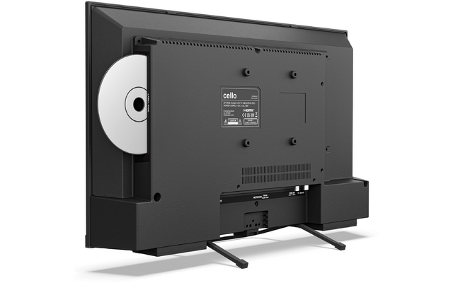 Achterkant van een flatscreen-tv met een open zijlade voor een schijf en een half ingestoken schijf, zichtbare voetjes, kabel en fabrikantenlabel "cello"