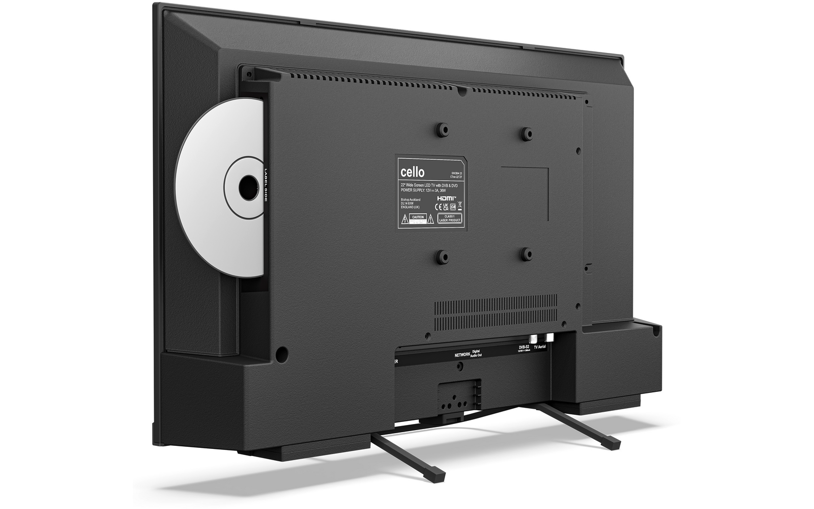 Achterkant van een flatscreen-tv met een open zijlade voor een schijf en een half ingestoken schijf, zichtbare voetjes, kabel en fabrikantenlabel "cello"
