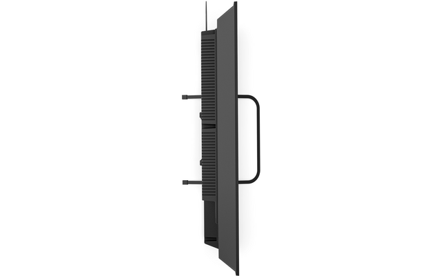 Zijaanzicht van een flatscreen-tv met achterpaneel, ventilatieopeningen, twee zijconnectoren, gebogen standaard en een hangende kabel