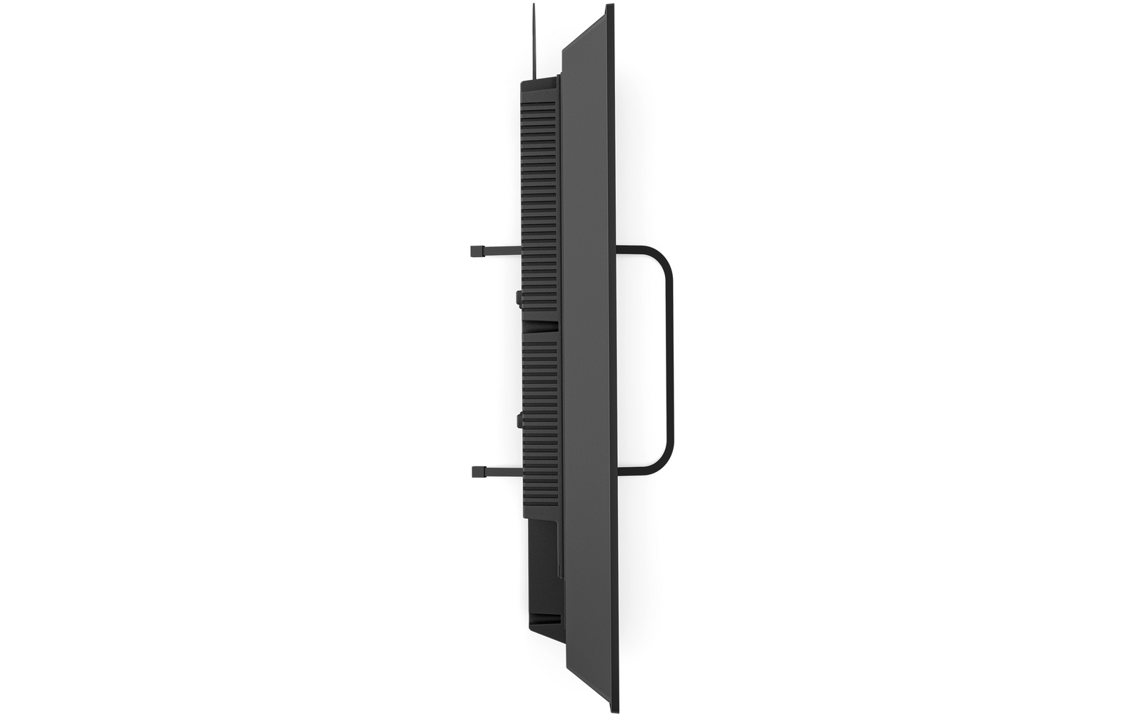 Zijaanzicht van een flatscreen-tv met achterpaneel, ventilatieopeningen, twee zijconnectoren, gebogen standaard en een hangende kabel