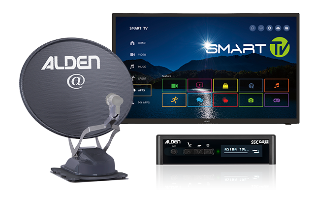 Satellite dish printed with ALDEN @, flat-screen TV displaying a SMART TV home screen, two stacked black devices with visible labels