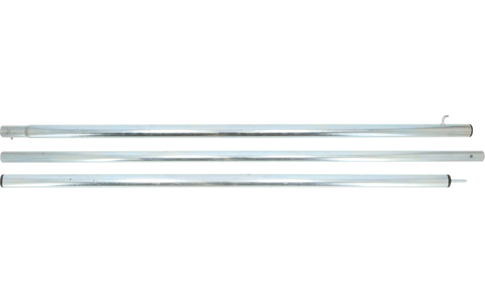 Drei lange transparente Röhren mit metallischen Endkappen, horizontal auf weißem Hintergrund angeordnet