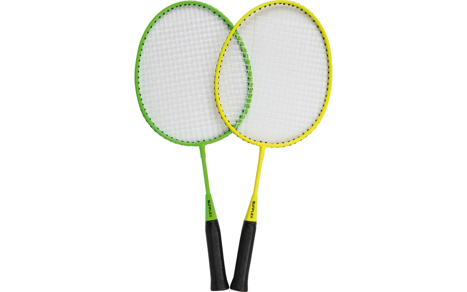 Zwei Badmintonschläger mit grünem und gelbem Rahmen, schwarz-gelber Griff, überlappend angeordnet