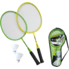 Zwei Badmintonschläger, zwei Federbälle und eine Tragetasche