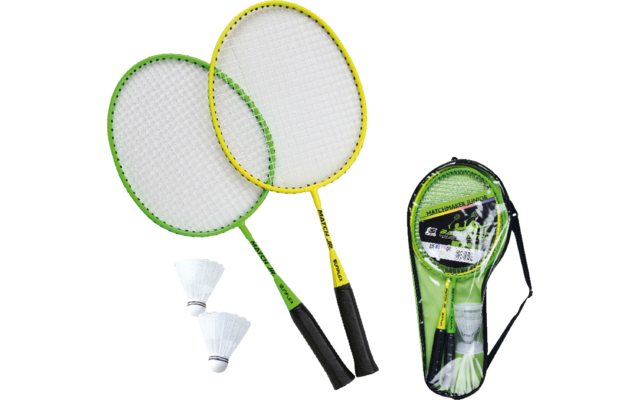 Zwei Badmintonschläger, zwei Federbälle und eine Tragetasche