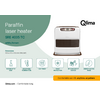Weiß-braunes Heizgerät rechts; links ein grüner Halbkreis mit dem Text 'Paraffin laser heater SRE 4035 TC white/brown'; Qlima-Logo oben rechts; Maße '436 x 313 x 435 mm (WxDxH)'; sechs Icons mit Beschriftungen; gelbe Schaltfläche 'Comfortable warmth.