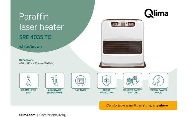 Weiß-braunes Heizgerät rechts; links ein grüner Halbkreis mit dem Text 'Paraffin laser heater SRE 4035 TC white/brown'; Qlima-Logo oben rechts; Maße '436 x 313 x 435 mm (WxDxH)'; sechs Icons mit Beschriftungen; gelbe Schaltfläche 'Comfortable warmth.