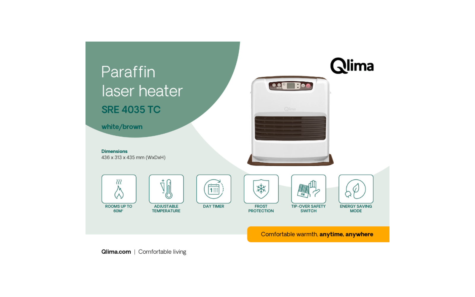 Weiß-braunes Heizgerät rechts; links ein grüner Halbkreis mit dem Text 'Paraffin laser heater SRE 4035 TC white/brown'; Qlima-Logo oben rechts; Maße '436 x 313 x 435 mm (WxDxH)'; sechs Icons mit Beschriftungen; gelbe Schaltfläche 'Comfortable warmth.