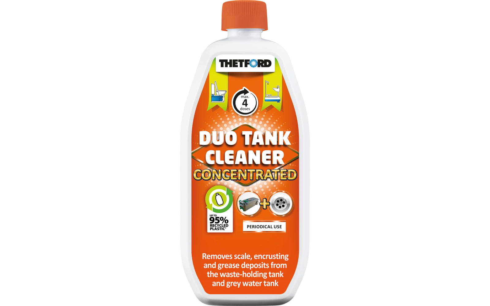 Bouteille en plastique blanche avec bouchon à vis orange et étiquette orange. Sur l'étiquette on voit en haut 'THETFORD', au centre 'DUO TANK CLEANER CONCENTRATED', un cercle avec '4', un symbole '95% biodegradable' et le texte en anglais 'Removes scale, encrusting and grease deposits from the waste-holding tank and grey water tank'