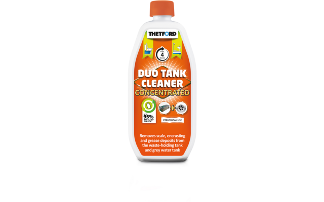 Weiße Plastikflasche mit orangefarbenem Schraubverschluss und orangefarbenem Etikett. Auf dem Etikett steht oben 'THETFORD', mittig 'DUO TANK CLEANER CONCENTRATED', ein Kreis mit '4', ein Symbol '95% biodegradable' und der englische Text 'Removes sca