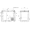 Deux dessins techniques (vue de face et de côté) d'un boîtier rectangulaire avec couvercle, poignées, grille de ventilation et lignes de cotes en millimètres