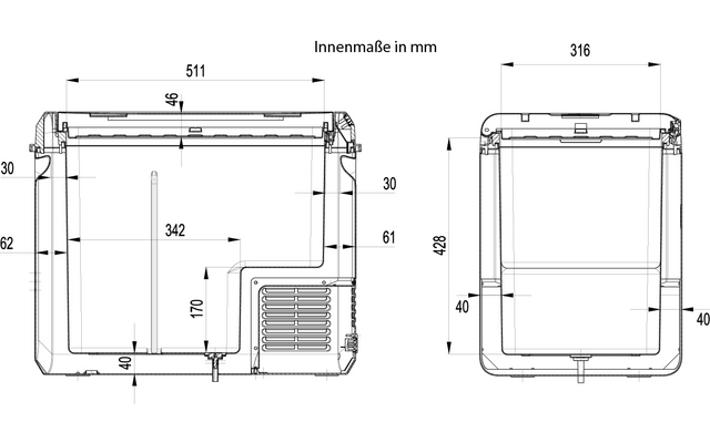 Deux dessins techniques (vue de face et de côté) d'un boîtier rectangulaire avec couvercle, poignées, grille de ventilation et lignes de cotes en millimètres