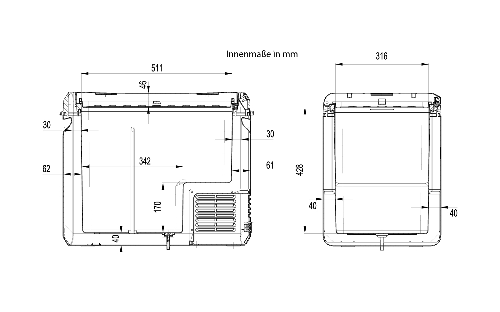 Deux dessins techniques (vue de face et de côté) d'un boîtier rectangulaire avec couvercle, poignées, grille de ventilation et lignes de cotes en millimètres