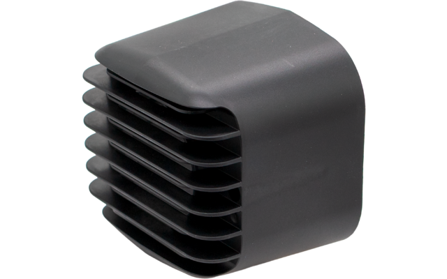 Objeto rectangular redondeado de plástico negro con varias lamas horizontales en un lado